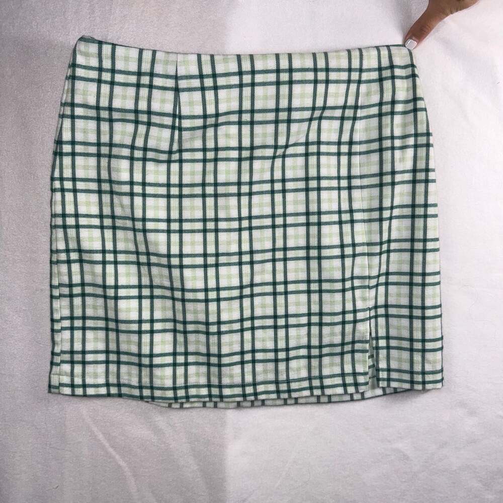 Wild Fable Green and White Plaid Mini Skirt with Side Slit Size 14